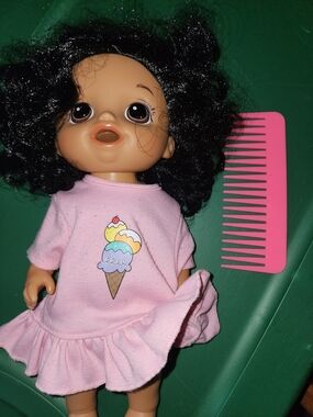 Plush-Look Kids Doll in Pink Ice Cream Dress with Pink Comb